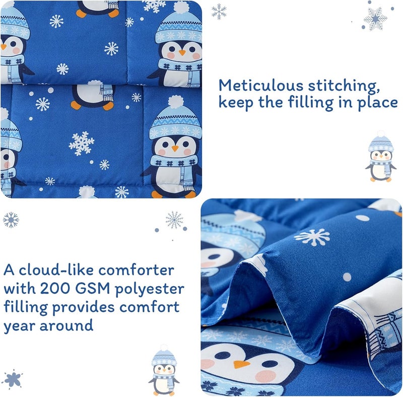 JSD Christmas Toddler Bedding Set, 4 Piece Blue Penguin Snowflakes Bed-in-Bag Comforter Sheet Set, Machine Washable - Image 3